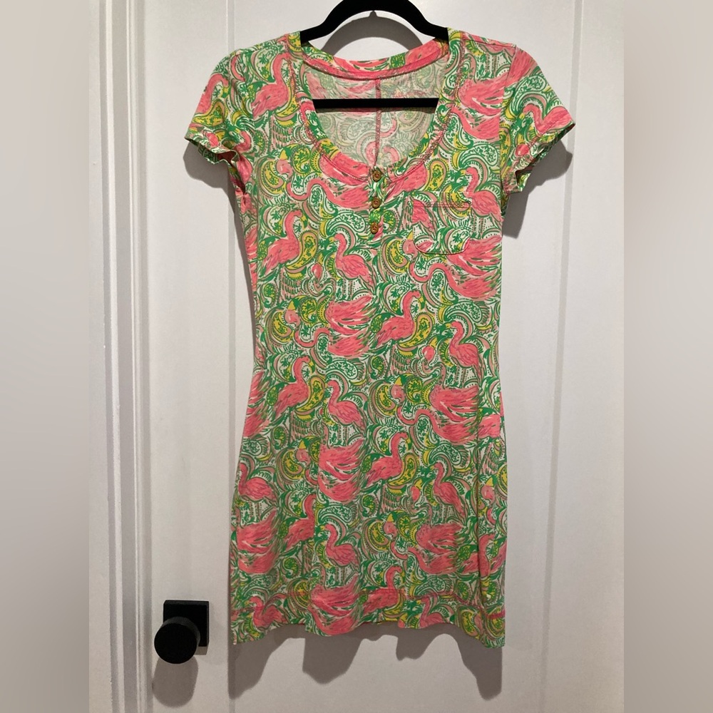 🦩 Lily Pulitzer Britton Hot Wings flamingo print short sleeve Henley dress